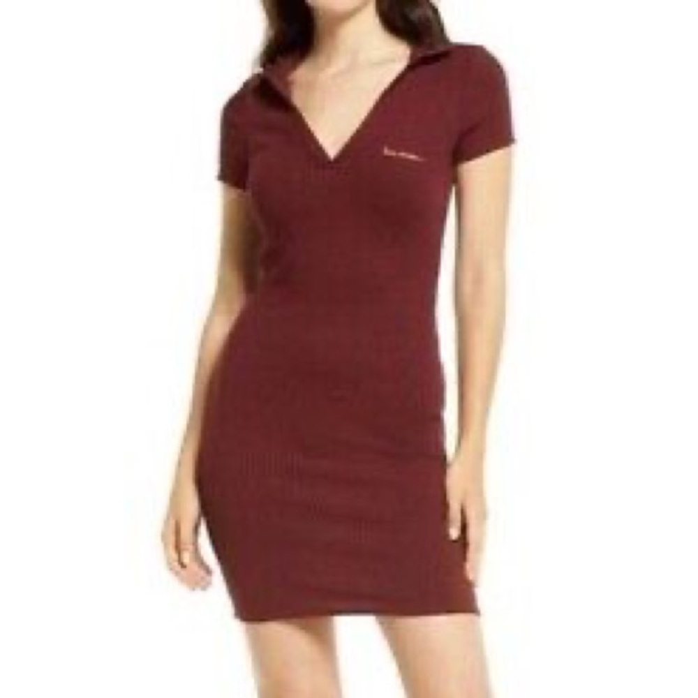 NWT iets frans Urban Outfitters Burgundy Ribbed Knit Polo Dress Size Medium